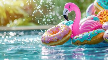 ai gegenereerd zomer plezier, opblaasbaar speelgoed in sprankelend zwembad foto