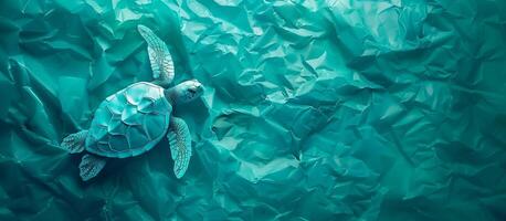 ai gegenereerd een zee schildpad beeldhouwwerk bewerkte van kunststoffen zwemmen door een zee van taling blauw verfrommeld papier, vertegenwoordigen oceaan behoud en milieu bewustzijn foto