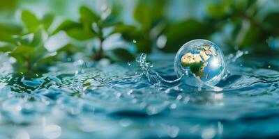 ai gegenereerd kristal wereldbol spatten in water met groen gebladerte achtergrond, symboliseert milieu behoud en aarde dag bewustzijn foto