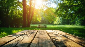 ai gegenereerd rustiek houten tafelblad tegen een sereen zonovergoten park met groen bomen en een leeg picknick bank, beeltenis zomer vrije tijd en buitenshuis ontspanning foto