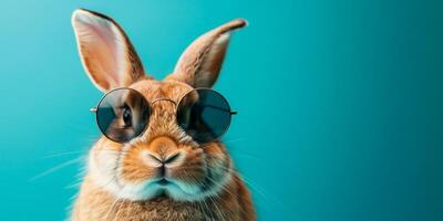 ai gegenereerd bruin konijn met zonnebril tegen een turkoois achtergrond, oproepen tot een eigenzinnig zin van plezier, mogelijk voor Pasen themed inhoud of creatief reclame foto