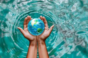 ai gegenereerd menselijk handen Holding een klein wereldbol met een water patroon achtergrond, symboliseert milieu bescherming en aarde dag, met een multicultureel of universeel menselijk element foto