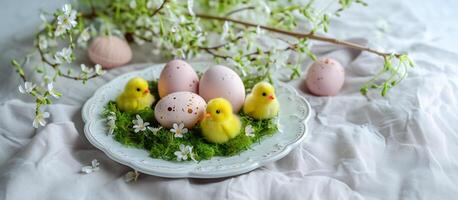 ai gegenereerd pastel Pasen eieren en decoratief geel kuikens geregeld Aan een wit bord met vers voorjaar bloemen en groen Aan een wit linnen achtergrond, symboliseert Pasen vakantie vieringen foto