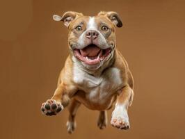 ai gegenereerd hond Aan een bruin achtergrond jumping in midden lucht gelukkig foto