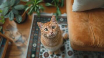 ai gegenereerd antenne visie van een kat op zoek omhoog in de leven kamer foto