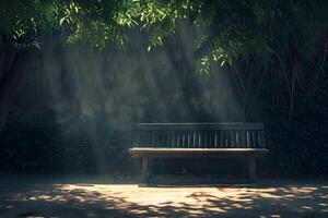 ai gegenereerd leeg houten stoel onder een boom, rustig plek foto