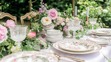 ai gegenereerd tuin partij tafellandschap, elegantie met bloemen tafel decor foto