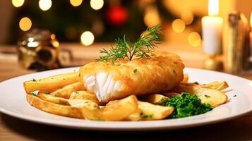 ai gegenereerd vis en chips voor winter vakantie diner, traditioneel Brits keuken recept in Engels land huis, vakantie viering en eigengemaakt voedsel foto