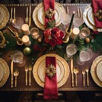 ai gegenereerd Kerstmis tafel landschap, elegant formeel avondeten tafel instelling, tafellandschap met vakantie decoratie voor partij evenement viering, generatief ai foto