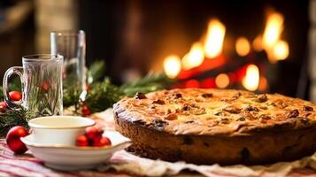 ai gegenereerd Kerstmis taart, vakantie recept en huis bakken, maaltijd voor knus winter Engels land avondeten in de huisje, eigengemaakt voedsel en Brits keuken foto