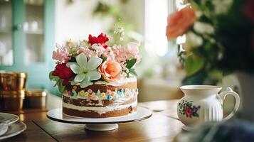 ai gegenereerd eigengemaakt verjaardag taart in de Engels platteland huis, huisje keuken voedsel en vakantie bakken recept foto