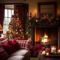 ai gegenereerd kerstmis, vakantie decor en land huisje stijl, knus atmosfeer, versierd Kerstmis boom in de Engels platteland huis leven kamer met haard, interieur decoratie foto