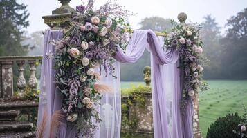 ai gegenereerd bruiloft decor met lavendel thema, bloemen decoratie ontwerp en mooi decor instelling arrangement foto