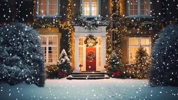 ai gegenereerd Kerstmis in de platteland landhuis, Engels land huis herenhuis versierd voor vakantie Aan een besneeuwd winter avond met sneeuw en vakantie lichten, vrolijk Kerstmis en gelukkig vakantie foto