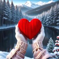 ai gegenereerd een persoon is Holding een wollen gebreid rood hart in winter landschap vertegenwoordigen Valentijnsdag dag foto