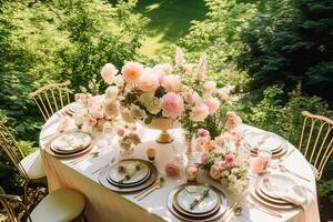 ai gegenereerd vakantie tafellandschap, formeel avondeten tafel instelling, pioen bloemen tafel scape met pioenen decoratie voor bruiloft partij en evenement viering, generatief ai foto