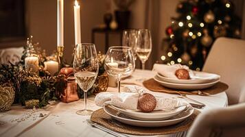 ai gegenereerd feestelijk datum nacht tafellandschap idee, avondeten tafel instelling voor twee en kerstmis, nieuw jaar, valentijnsdag dag decor, Engels land huis styling foto