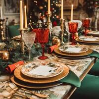 ai gegenereerd Kerstmis tafel landschap, elegant formeel avondeten tafel instelling, tafellandschap met vakantie decoratie voor partij evenement viering, generatief ai foto
