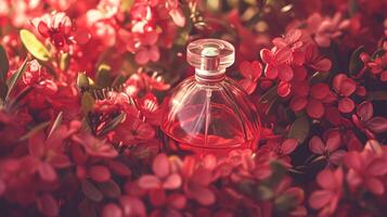 ai gegenereerd parfum fles in bloemen, geur Aan bloeiend achtergrond, bloemen geur en kunstmatig Product foto