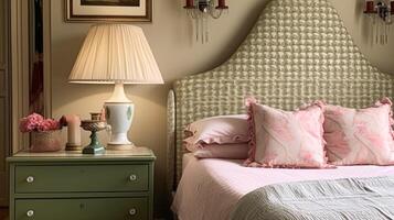 ai gegenereerd Engels huisje slaapkamer interieur met roze en salie groen decor foto