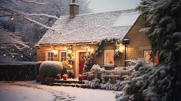 ai gegenereerd Kerstmis in de platteland, huisje en tuin versierd voor vakantie Aan een besneeuwd winter avond met sneeuw en vakantie lichten, Engels land styling foto