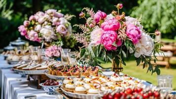 ai gegenereerd bruiloft decoratie met pioenrozen, bloemen decor en evenement viering, pioen bloemen en bruiloft ceremonie in de tuin, Engels land stijl foto