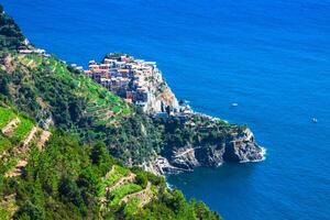 dorp van manarola met veerboot, cinque terrein, Italië foto