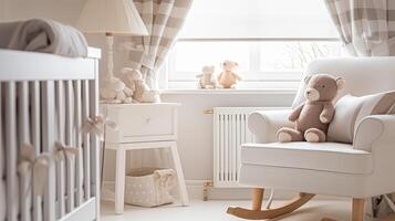 ai gegenereerd baby kamer decor en interieur ontwerp inspiratie in de Engels platteland stijl huisje foto