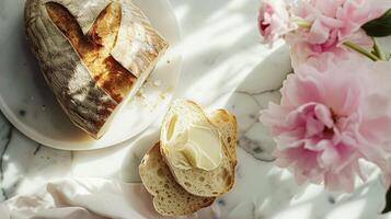 ai gegenereerd brood en boter, eigengemaakt bakken en traditioneel voedsel, land leven foto