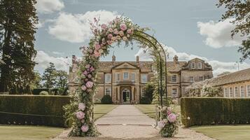 ai gegenereerd bruiloft decoratie met pioenrozen, bloemen decor en evenement viering, pioen bloemen en bruiloft ceremonie in de tuin, Engels land stijl foto