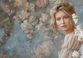 ai gegenereerd bevallig vrouw met pastel bloemen, belichamen klassiek schoonheid, mode kijken en kapsel voor huidsverzorging cosmetica, haar- zorg, aantrekkingskracht stijl foto