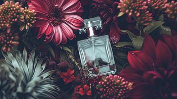 ai gegenereerd parfum fles in bloemen, geur Aan bloeiend achtergrond, bloemen geur en kunstmatig Product foto