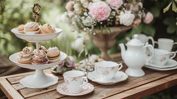 ai gegenereerd verrukkelijk middag thee met cakes en gebakjes foto