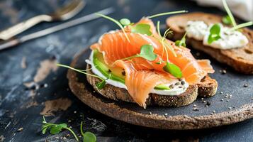 ai gegenereerd avocado geroosterd brood met gerookt Zalm voor ontbijt, eigengemaakt keuken en traditioneel voedsel, land leven foto