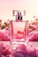 ai gegenereerd luxueus bloemen geur, geur fles en roze bloemen, parfum reclame in bloem tuin, op maat gemaakt parfumerie en schoonheid Product uitverkoop, generatief ai foto