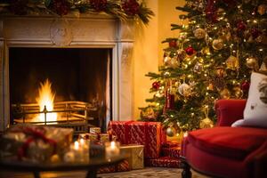 ai gegenereerd kerstmis, vakantie decor en land huisje stijl, knus atmosfeer, versierd Kerstmis boom in de Engels platteland huis leven kamer met haard, interieur decoratie foto