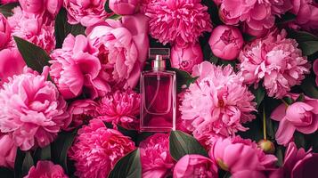 ai gegenereerd parfum fles in bloemen, geur Aan bloeiend achtergrond, bloemen geur en kunstmatig Product foto