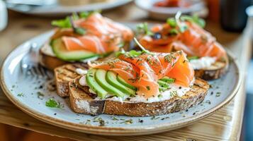 ai gegenereerd avocado geroosterd brood met gerookt Zalm voor ontbijt, eigengemaakt keuken en traditioneel voedsel, land leven foto