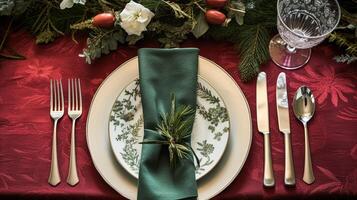ai gegenereerd Kerstmis tafel decor, vakantie tafellandschap en avondeten tafel instelling, formeel evenement decoratie voor nieuw jaar, familie viering, Engels land en huis styling foto