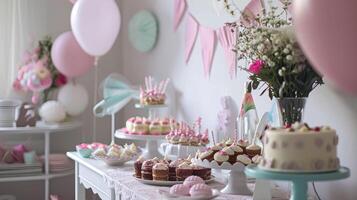 ai gegenereerd verjaardag tafellandschap of snoep bar met snoepgoed, verjaardag taart en cupcakes, mooi partij viering foto