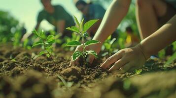 ai gegenereerd groep van verschillend mensen aanplant bomen, sociaal eenheid icoon Bij de kant, met uitgebreid groen ruimte voor tekstueel inhoud. ,esg concept foto