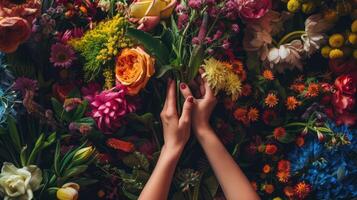 ai gegenereerd met finesse, een bloemist subtiel regelt een verscheidenheid van kleurrijk vers bloemen, produceren een boeiend bloemen Scherm. foto