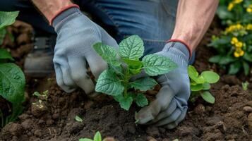 ai gegenereerd handen gekleed in handschoenen koesteren een jong plant, belichamen de concept van tuinieren. foto