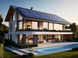 ai gegenereerd modern huis met zonne- panelen Aan de dak, hernieuwbaar groen energie concept, architectuur achtergrond foto