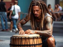 ai gegenereerd Afrikaanse Amerikaans straat musicus trommelaar met dreadlocks het uitvoeren van Aan bongo trommel in stad straten, levensstijl concept, straatmuzikant achtergrond foto