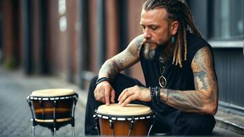 ai gegenereerd Afrikaanse Amerikaans straat musicus trommelaar met dreadlocks het uitvoeren van Aan bongo trommel in stad straten, levensstijl concept, straatmuzikant achtergrond foto