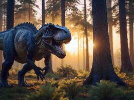 ai gegenereerd tyrannosaurus rex , dinosaurus in de oerwoud Woud, t rex prehistorisch dieren in het wild en dieren achtergrond, behang foto