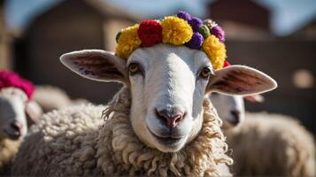 ai gegenereerd grappig Ramadan schapen portret, dieren achtergrond, behang foto