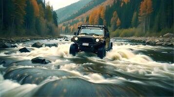 ai gegenereerd modern uit weg voertuig het rijden trog rivier- in de Woud, auto avontuur concept, automotive achtergrond, actie behang foto