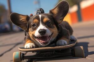 ai gegenereerd stedelijk charme aanbiddelijk pup meesters skateboard, brengen vreugde naar stad leven foto